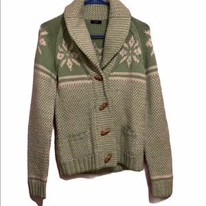 Vintage J. Crew Hand Knit Green & White Cardigan